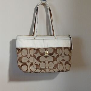 Coach Khaki & White Signature Canvas Tote with Front Pocket